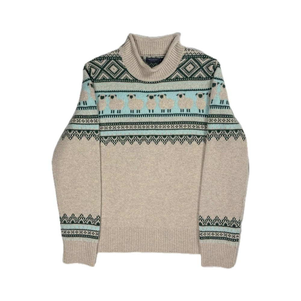 Vineyard Vines merino wool cream sheep fair isle mockneck sweater women's large
